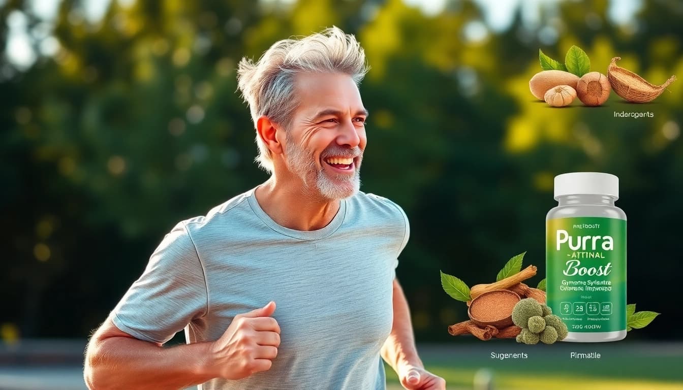 Pura Boost energizing a man during jogging with natural ingredients in view, symbolizing vitality.