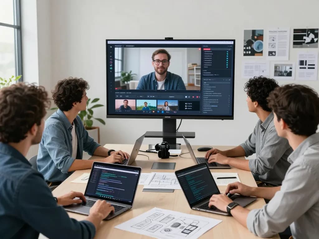 Team analyzing video to prompt in a modern workspace, showcasing dynamic collaboration and digital tools.