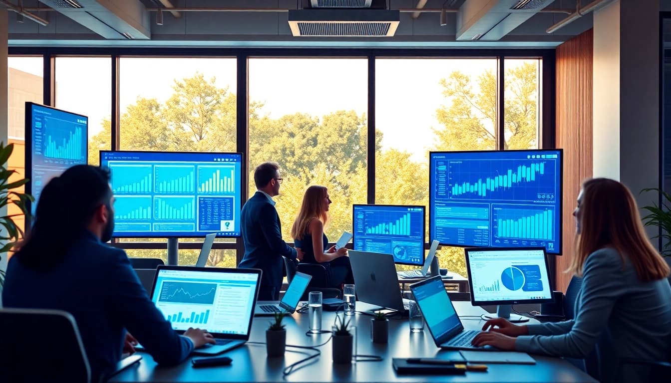 Business professionals discussing Logo ERP fiyat solutions in a modern office.