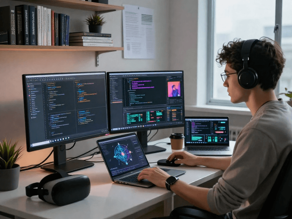 AI NSFW content analysis workspace with a focused developer, dual monitors showing provocative data, and tech gadgets.