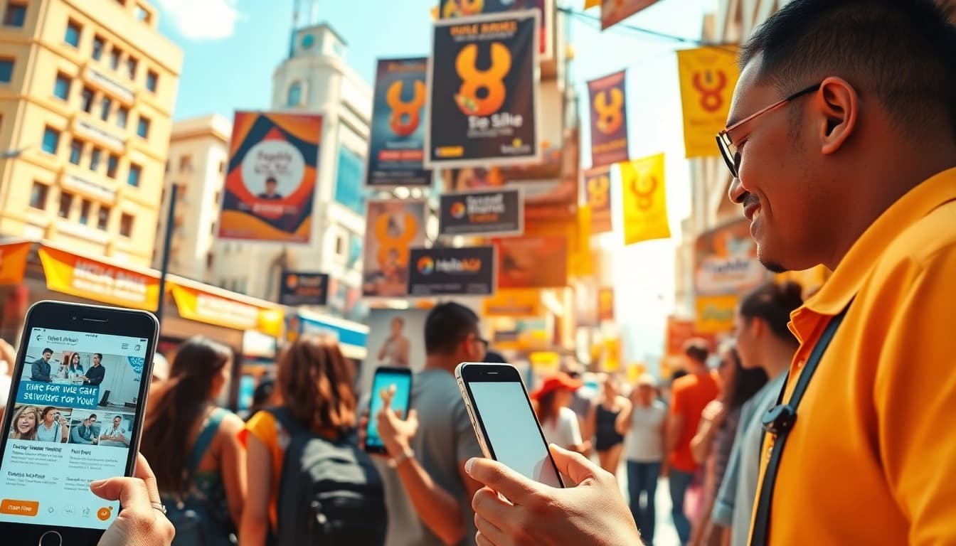 Hela Ad services showcased in a bustling marketplace, displaying various advertisements.