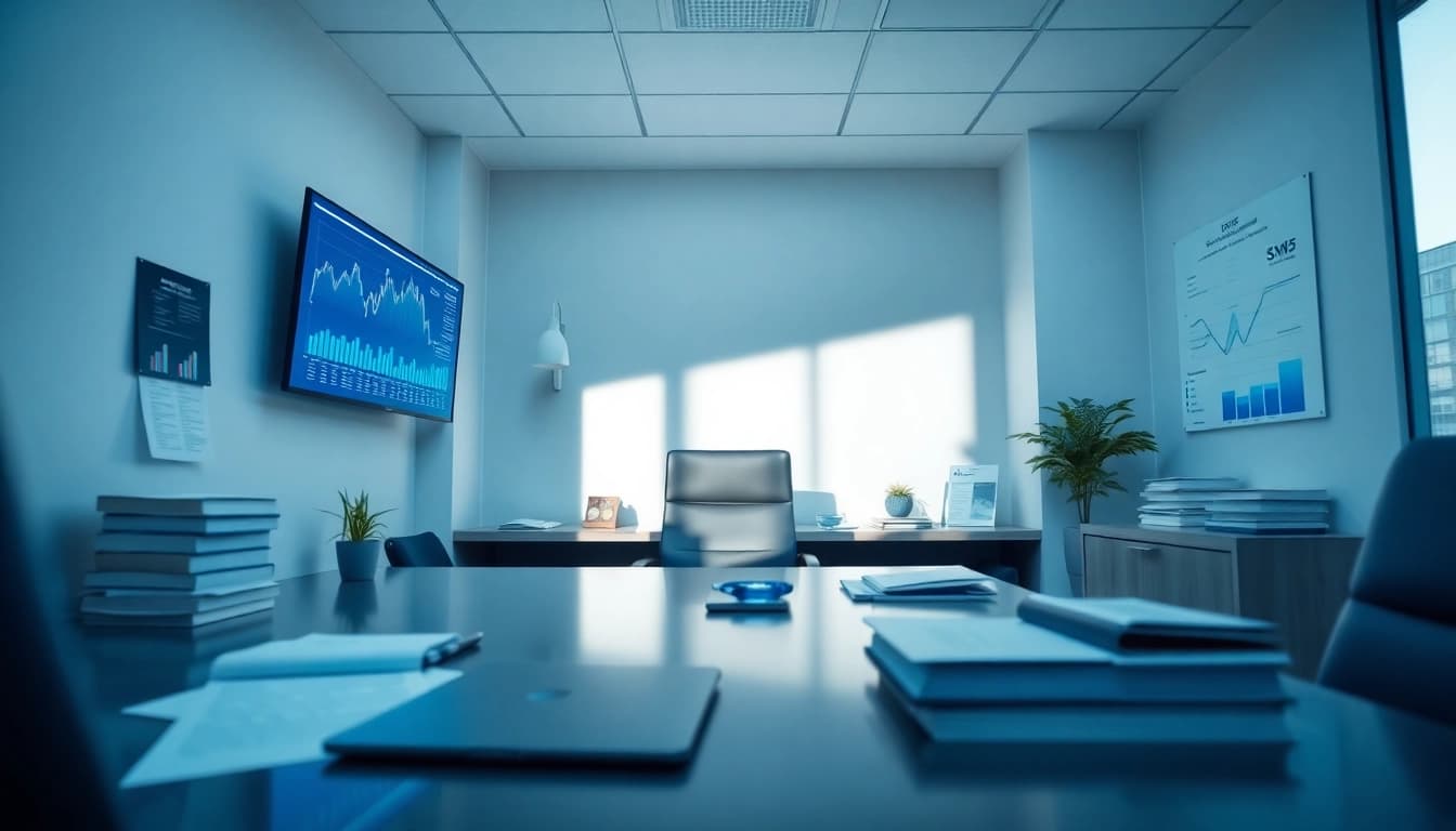 Professional accountant's office illustrating SMSF management with financial charts and digital tools.