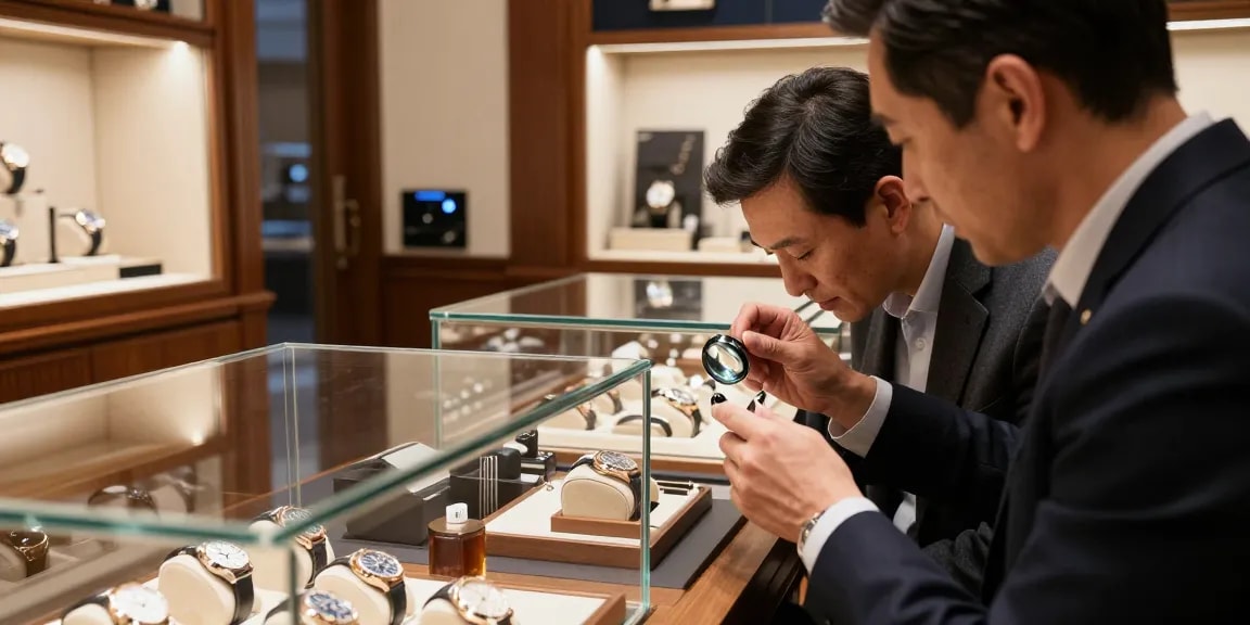 Expert examining super clone watches in a luxury shop, showcasing craftsmanship and quality.