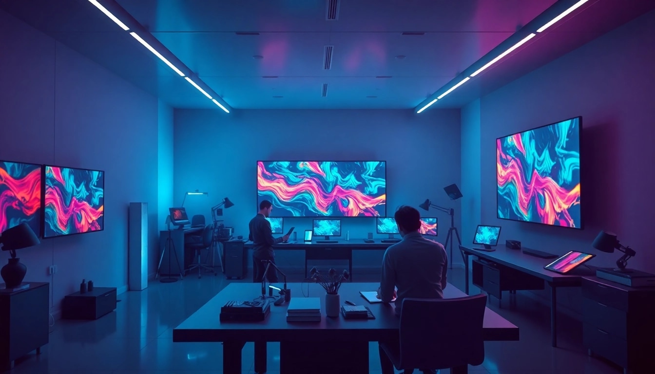 AI NSFW image generator in a modern digital art studio showcasing creative processes.