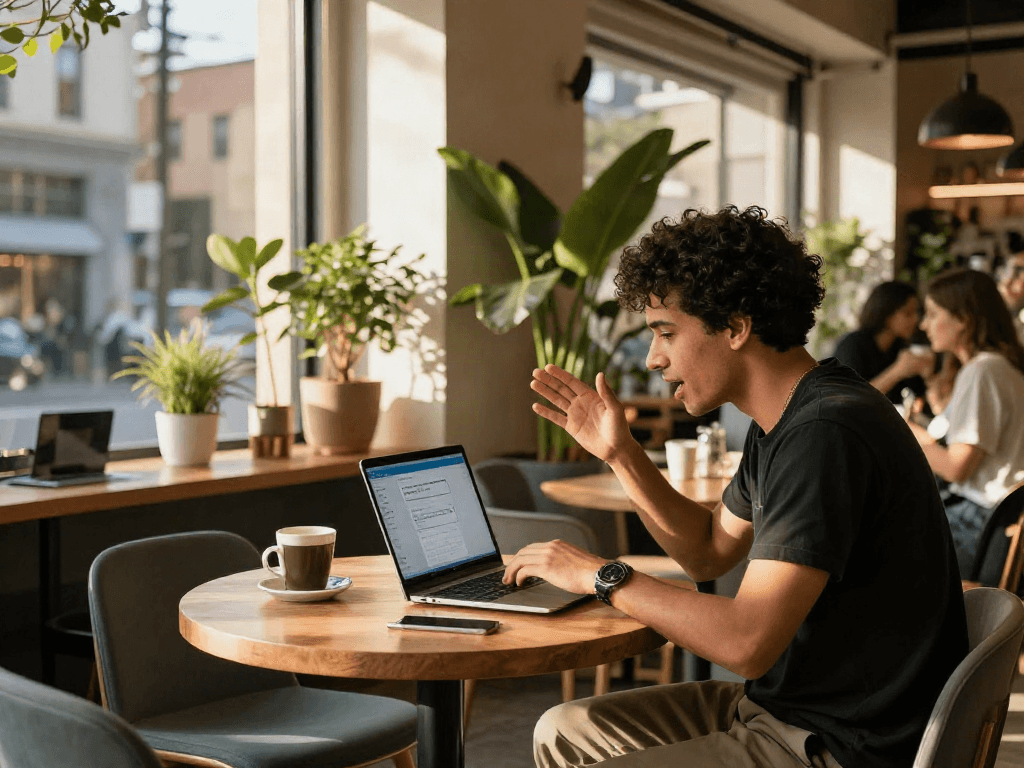 Individual using a porn AI chat application at an urban cafe, showcasing modern digital interaction.