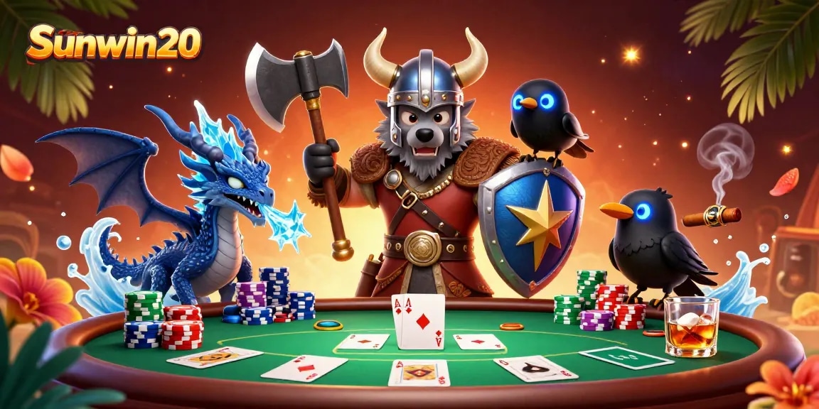 Experience thrilling poker action with sunwin20 featuring a Viking wolf warrior, dragon, and vibrant chips.