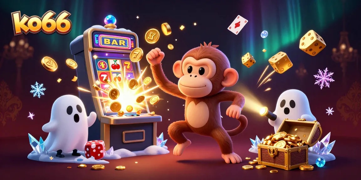 Experience the thrill of winning with KO66's poltergeist monkey juggling golden coins in a lively casino setting.