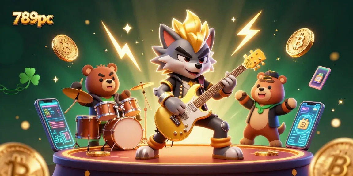 Engage with 789pc in a vibrant 3D casino scene showcasing a rock star wolf and drummer bear.