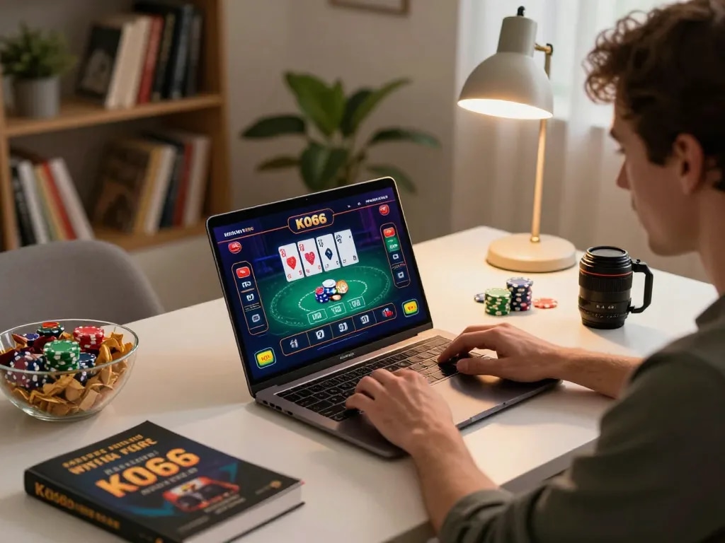 Engaging with KO66 app at home for strategic online gambling, featuring laptop and snacks.