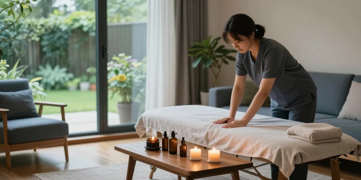 Experience a relaxing 정자동출장안마 in a serene home setting with a professional massage therapist preparing for a soothing session.