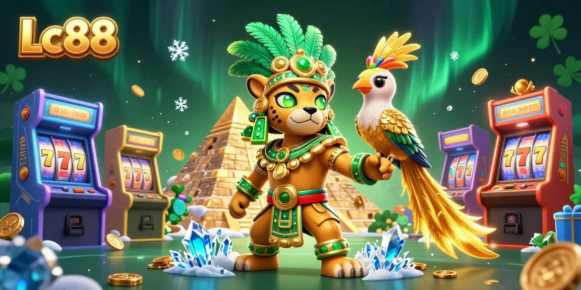 Experience excitement at Lc88 with colorful 3D casino game elements and dynamic characters in this vibrant illustration.