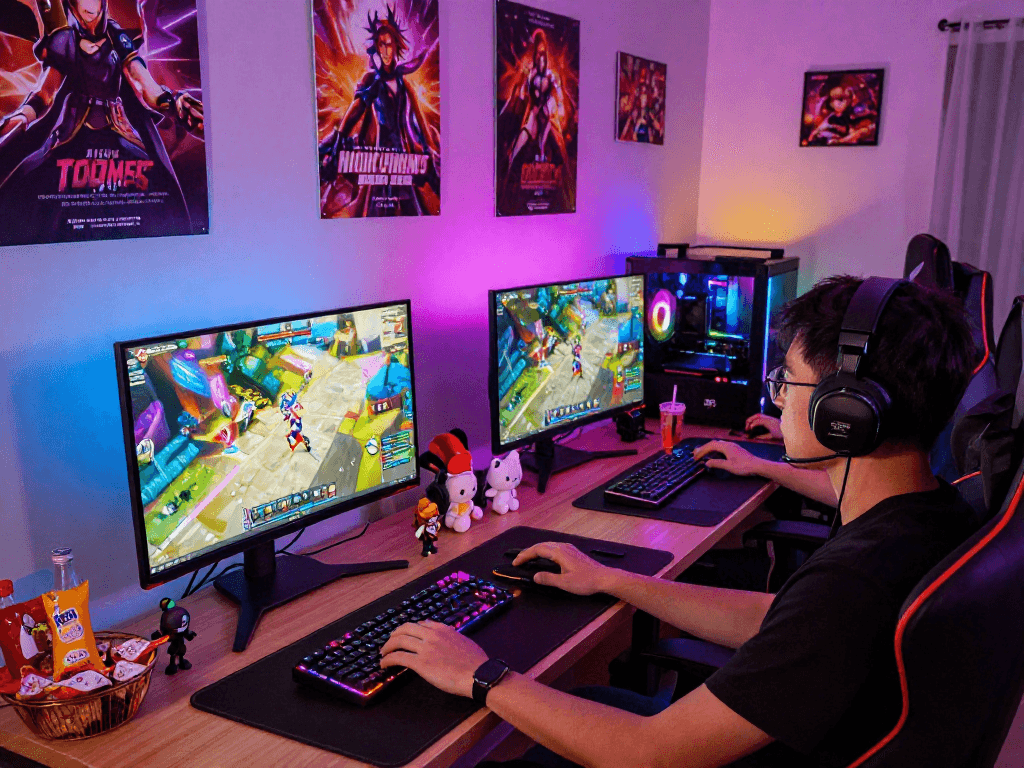 Engaging scene of a gamer enjoying a hentai game with vibrant RGB lighting and accessories.