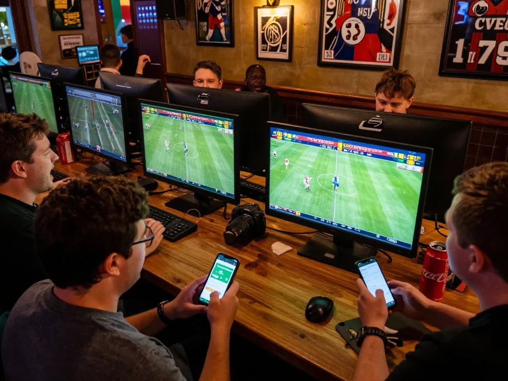 Tỷ lệ kèo nhà cái hôm nay showcased with excited sports betting at a lively bar