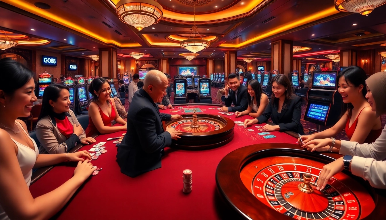 Excited players enjoying GO88 gaming at a luxurious casino with vibrant tables and slot machines.