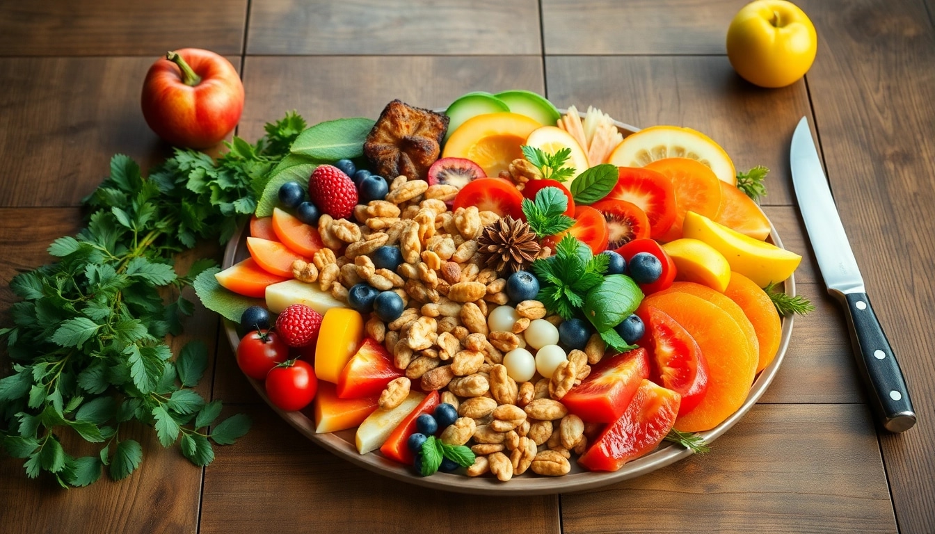 Explore a delightful healthy food platter with colorful fruits and fresh vegetables.