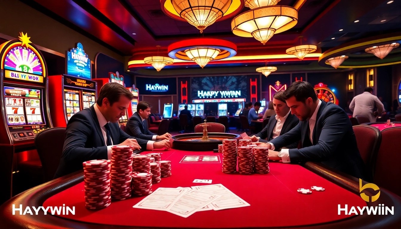 Experience high-stakes gaming at Haywin's luxury casino with intense poker action.