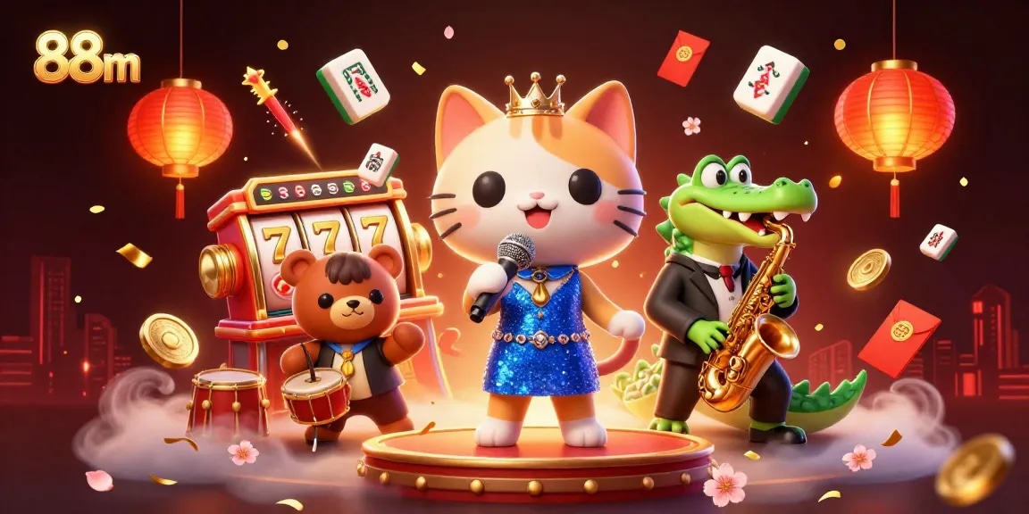 88m characters performing in a vibrant casino scene, showcasing dynamic games and joyful rewards