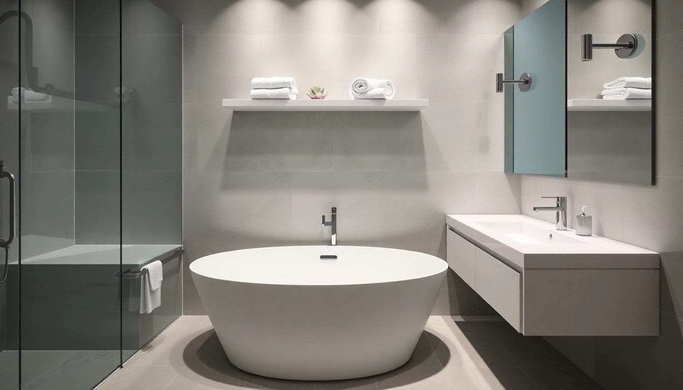 Elegant bathroom designed by a bathroom remodeling contractor, featuring dual sinks and a freestanding tub.