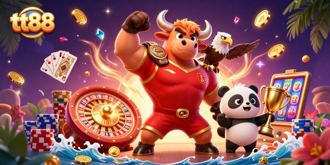 Engage in winning strategies at tt88 with thrilling casino vibes featuring a bull, eagle, and panda.