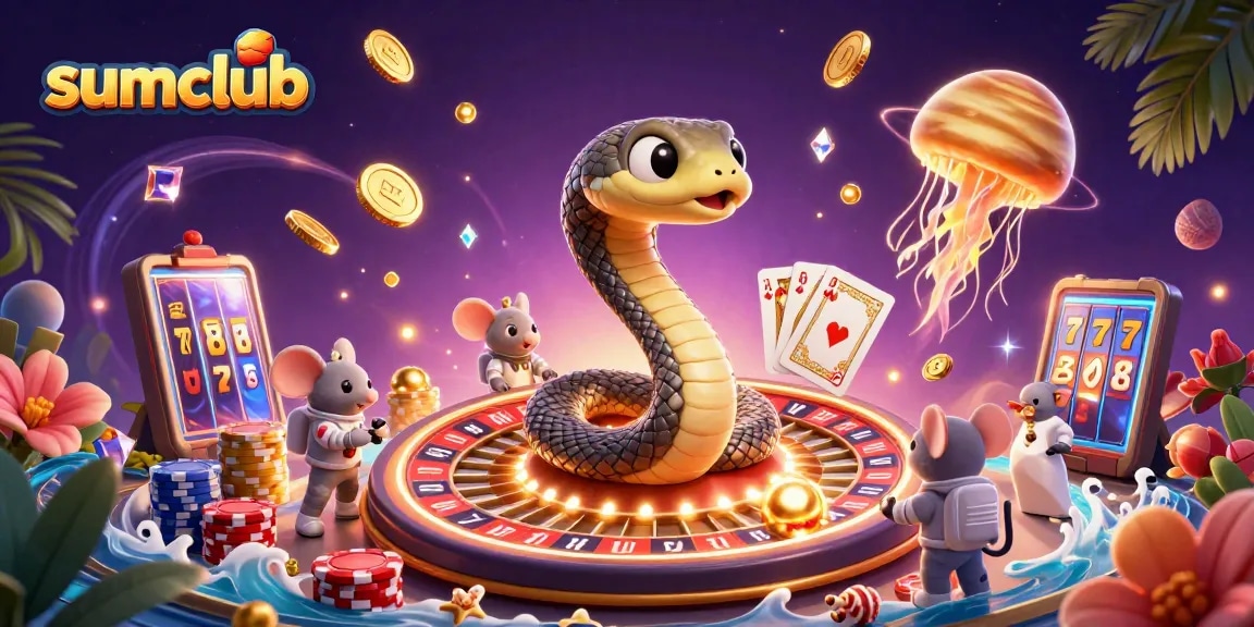 Experience sumclub with a vibrant casino scene featuring a cosmic dealer and adventurous bets.