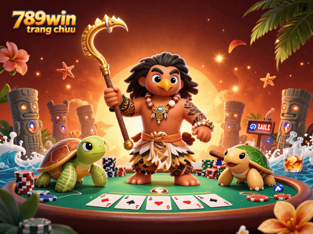 Engage with 789win trang chủ showcasing a dynamic poker scene featuring a Maui-style demigod hawk and treasures.