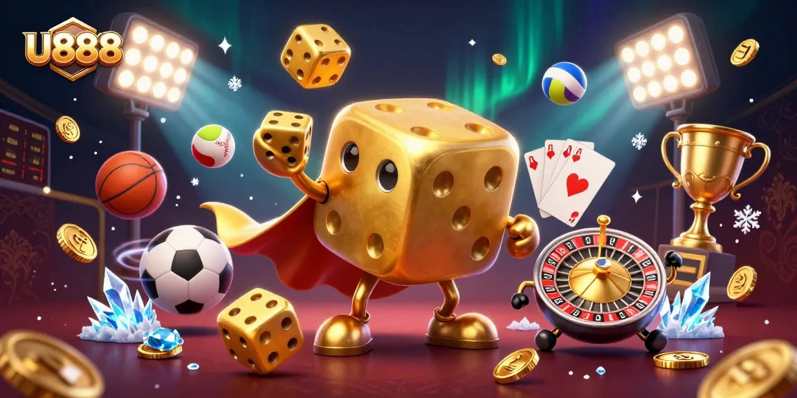 Engage with U888’s dynamic casino experience featuring golden dice and sports elements.