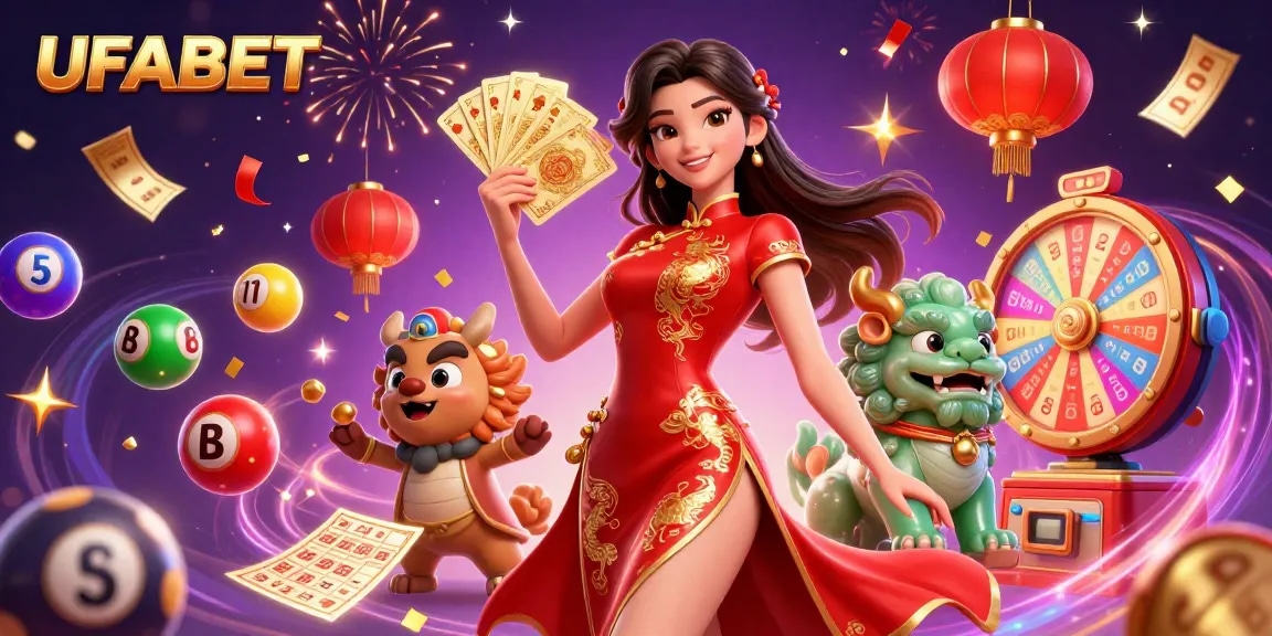 Experience winning at UFABET with vibrant lottery balls and a festive atmosphere in a 3D casino scene.