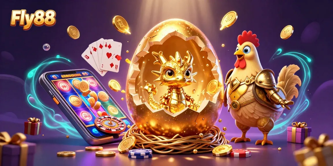 Experience the thrill of Fly88 with golden dragon, poker chips, and vibrant casino games.