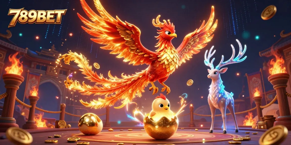 Experience thrilling action with the fire phoenix and mystical stag in 789BET's vibrant casino illustration.