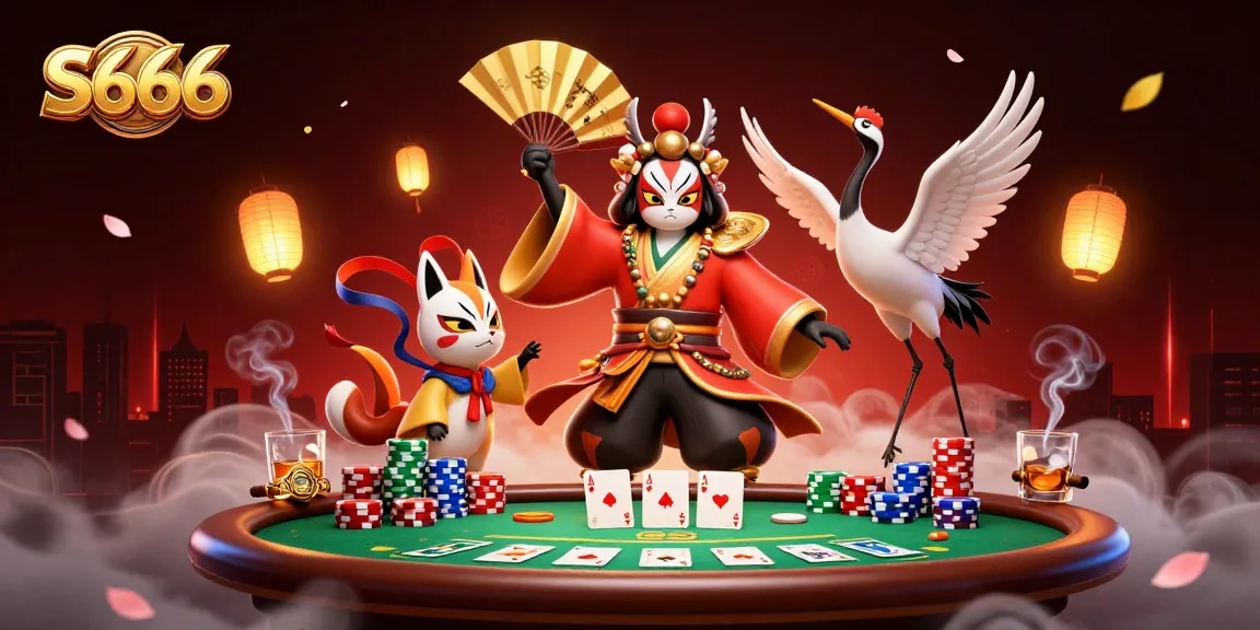 S666 poker action with a kabuki warrior, chips, and cards in a vibrant casino scene.