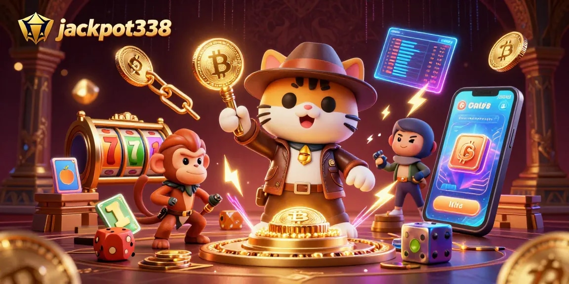 Win big with jackpot338 in this vibrant 3D casino adventure illustration.