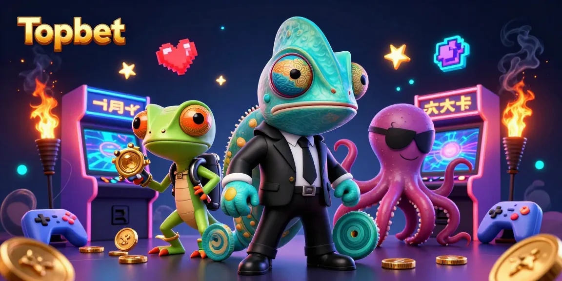 Experience the vibrant world of Topbet with a dynamic, colorful 3D casino scene featuring animated characters and gaming elements.