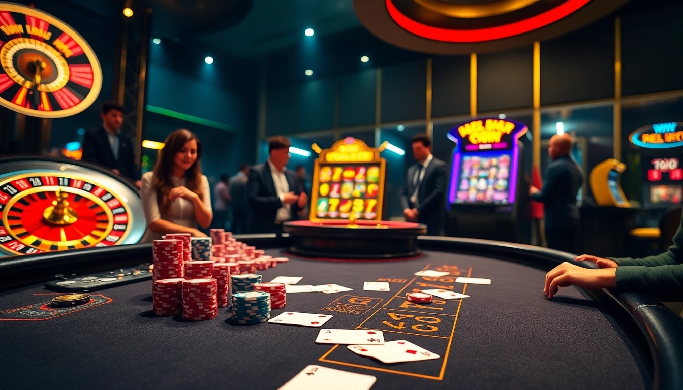 Players enjoying a thrilling game at pg88 online casino table with vibrant colors and luxury ambiance.