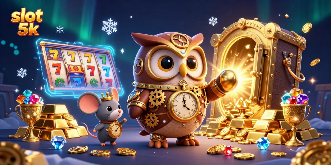 Engage with slot 5k gameplay in a vibrant 3D casino scene filled with treasures and lively characters.