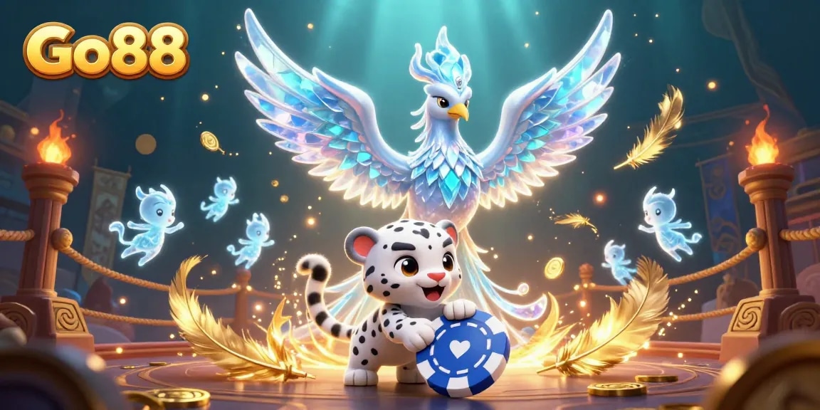 Engage in thrilling gameplay with Go88's vibrant illustration featuring an ice phoenix and whimsical characters.