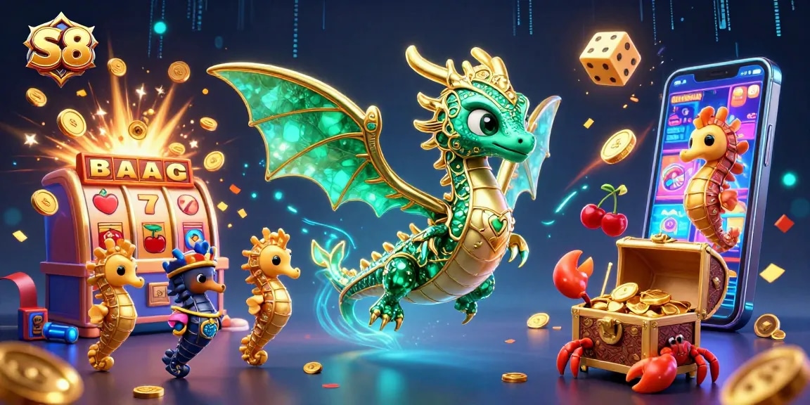 S8 invites players to spin the slots with a vibrant treasure hunt scene featuring a sea dragon and golden treasures.