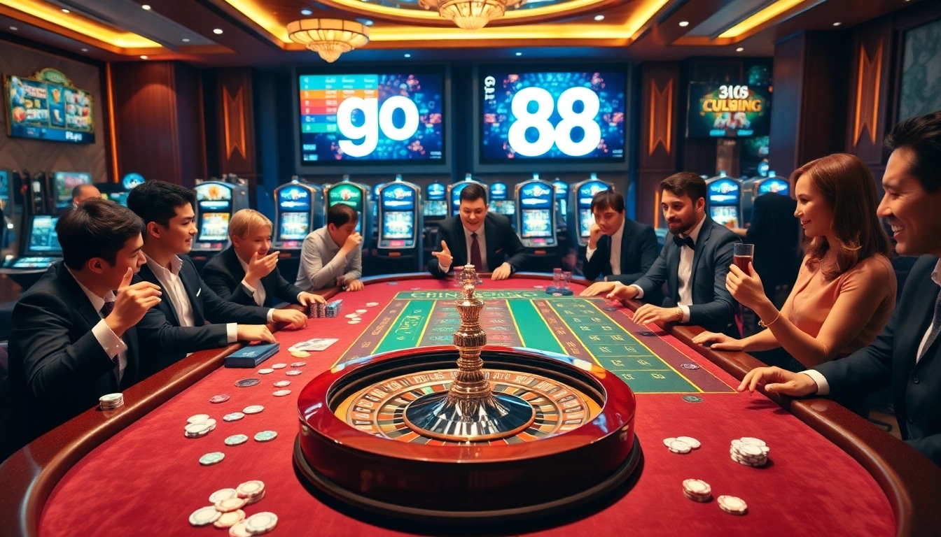 Players engaging in thrilling action at a casino table with go 88 decor, showcasing dynamic gambling excitement.