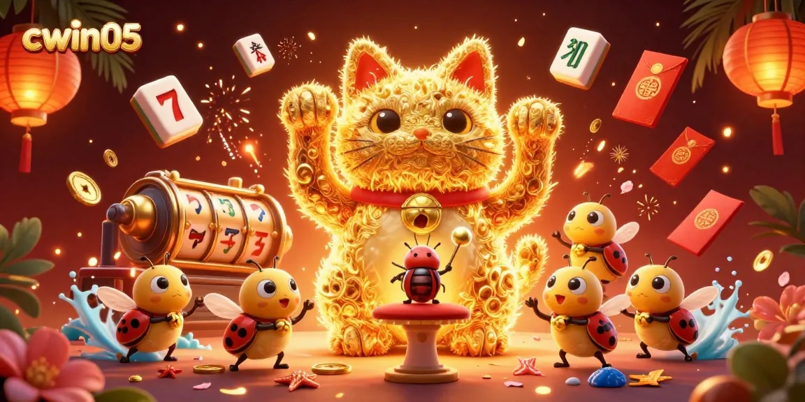 Experience the excitement of cwin05 with a vibrant lucky cat scene surrounded by casino highlights.