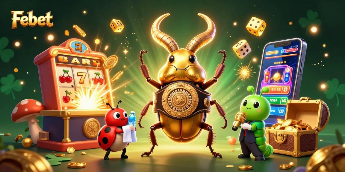 Experience thrilling gaming at Febet with a vibrant 3D illustration featuring exciting casino elements and characters.