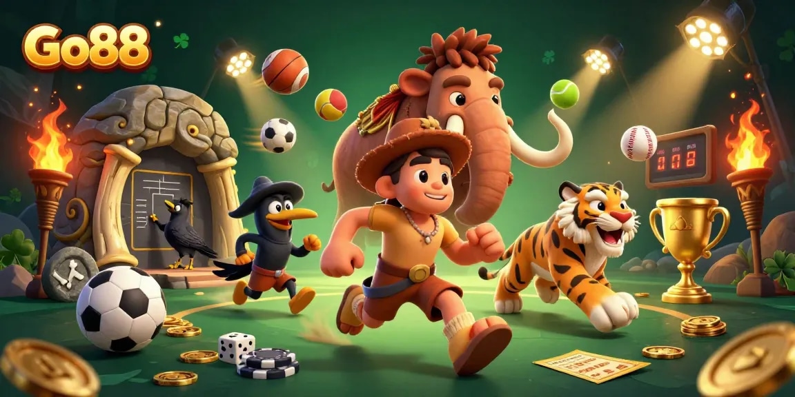 Join the Go88 adventure with cartoon characters in a vibrant casino scene featuring sports betting excitement.