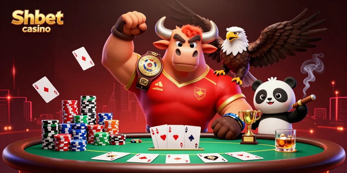 Experience thrilling gameplay at Shbet casino with lively characters celebrating victory at a poker table.