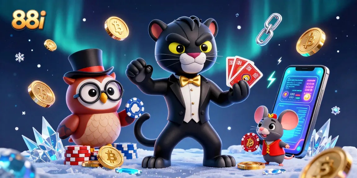 Engage in thrilling casino games with 88i, a stylish panther dealing cards among vibrant crypto elements.