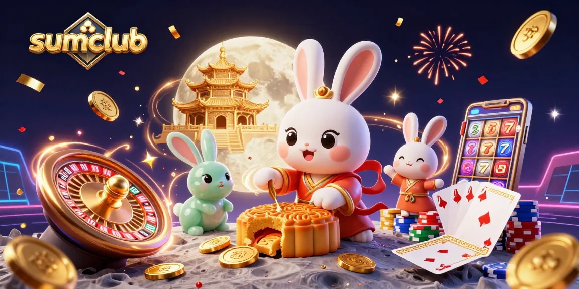 Experience sumclub's exciting rewards with golden coins and poker chips in a lunar casino setting.