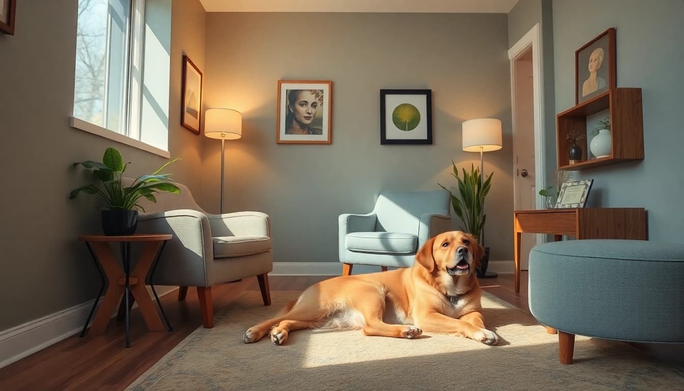 Therapy session imagery with Sydney Psychologist Jacob and his therapy dog, offering support and compassion.