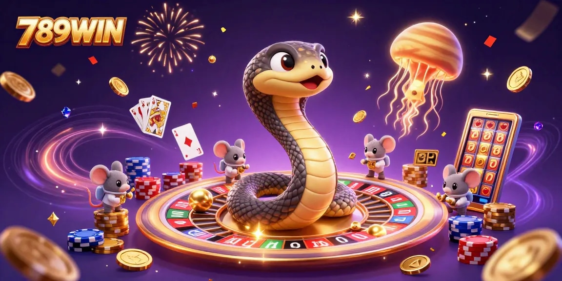 Experience exciting gameplay at 789WIN with a swirling 3D casino scene featuring vibrant casino elements.