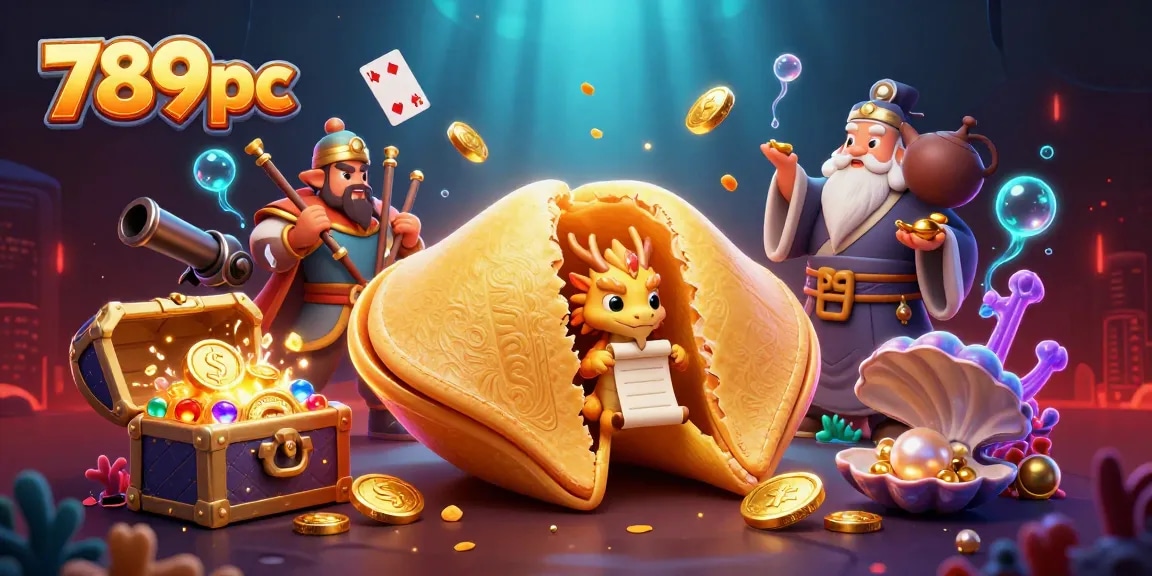 Engage with thrilling games at 789pc, featuring a captivating scene of a giant golden fortune cookie amidst dynamic casino elements.