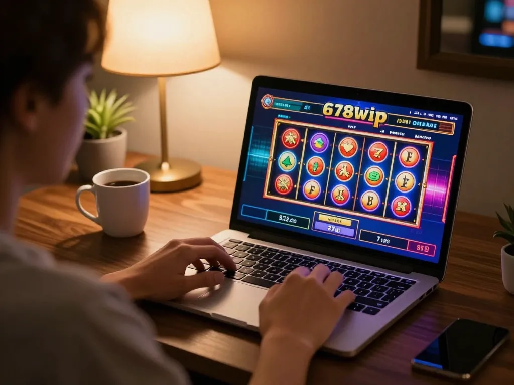 Engaged player enjoying interactive online gaming experience at 678vip, showcasing vibrant slot machine gameplay.
