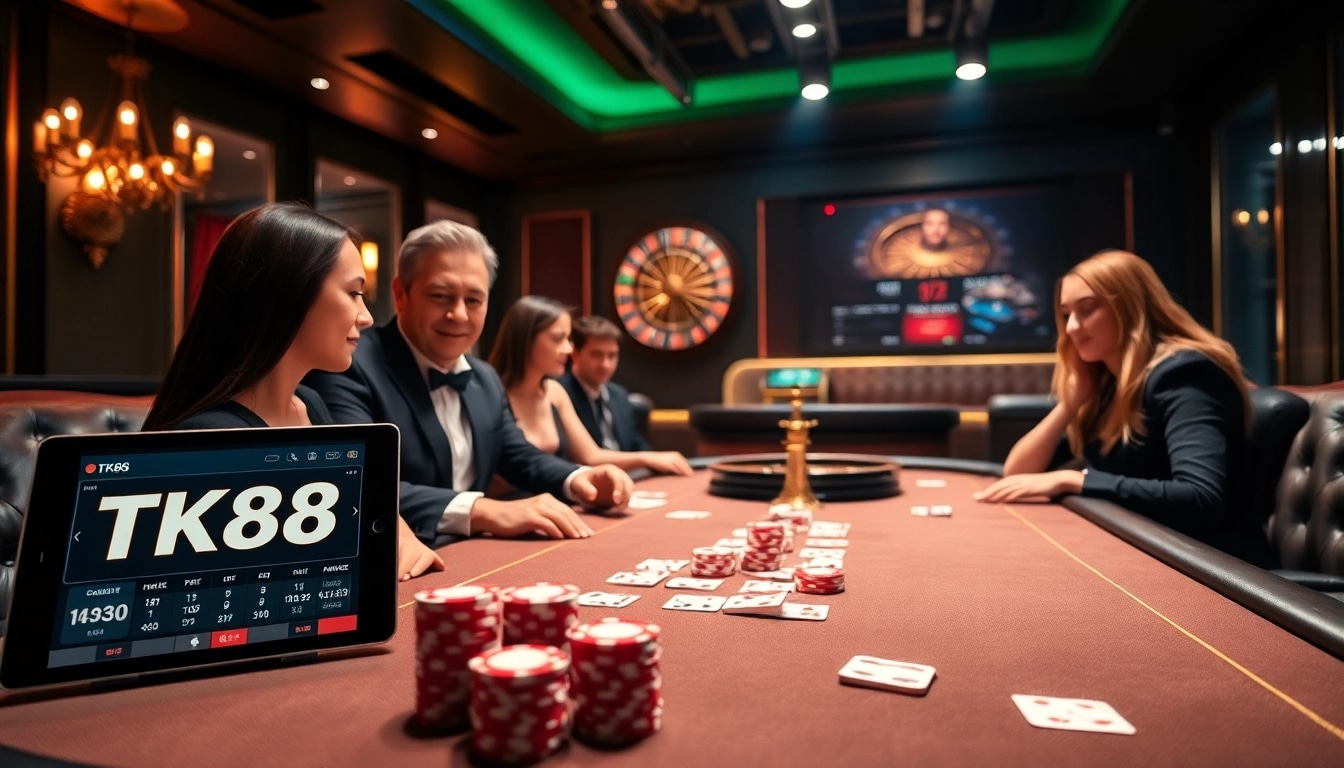 TK88 poker night with high-stakes chips and a thrilling dealer interaction.