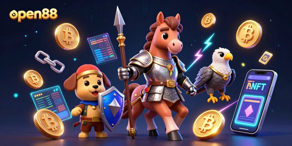 Experience the thrilling adventure of open88 with medieval characters amidst glowing crypto elements.