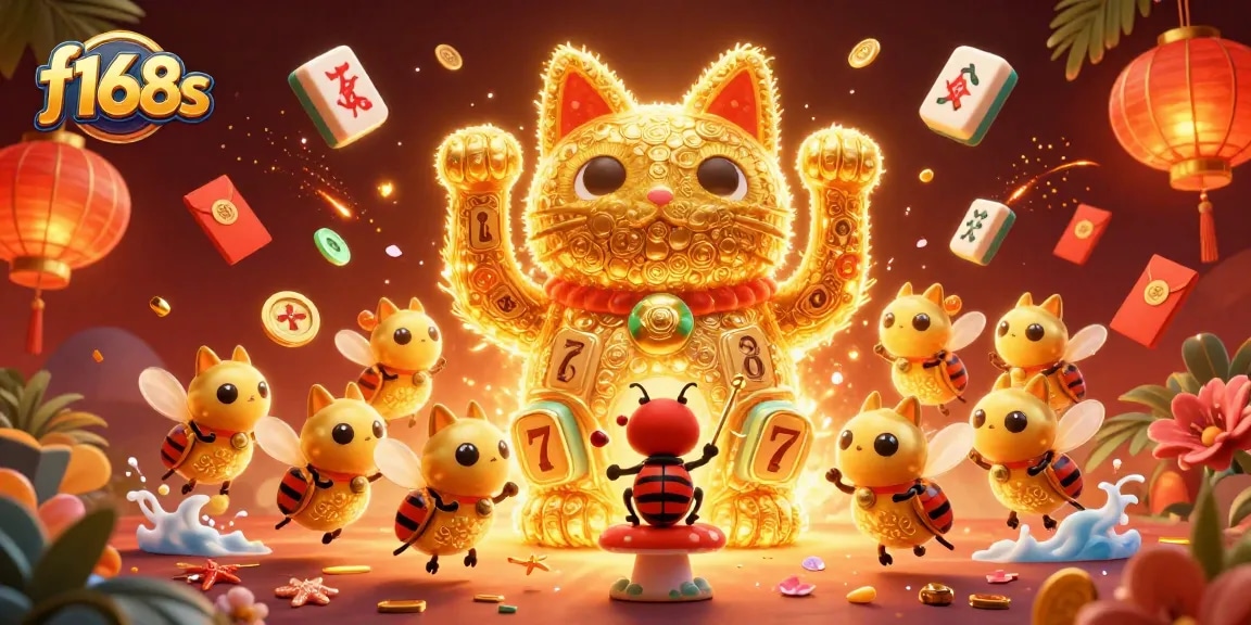 Experience exciting gaming at f168s with vibrant visuals of a lucky cat and casino symbols.